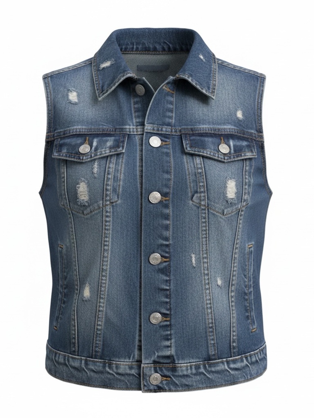 Distressed Blue Denim Vest - Classic Sleeveless Jacket
